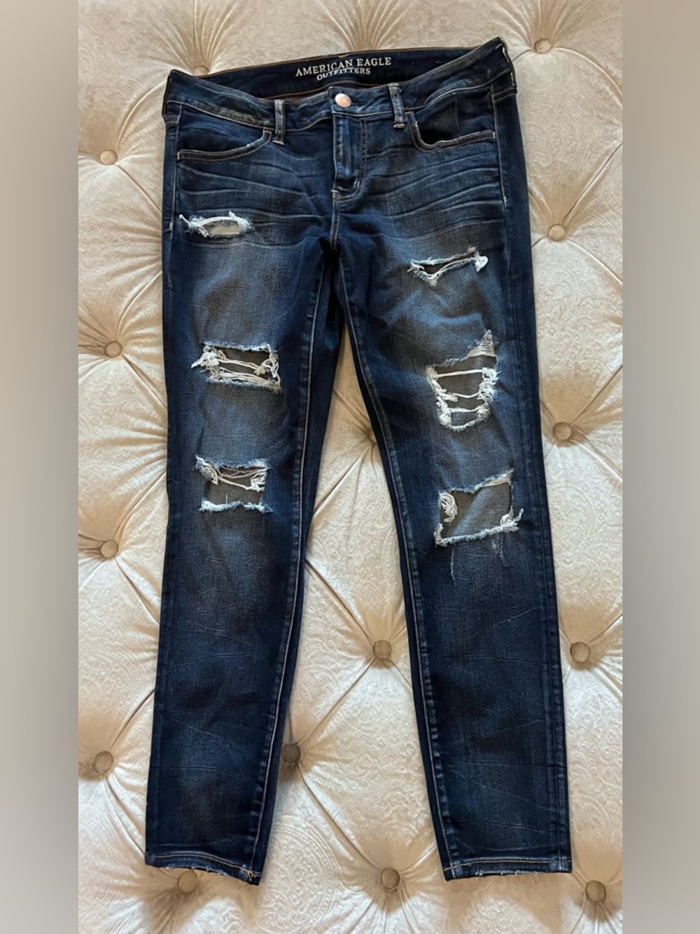 American Eagle Super-Low Dark Wash Distresse Jegging Jeans - Blue Size 12 Reg